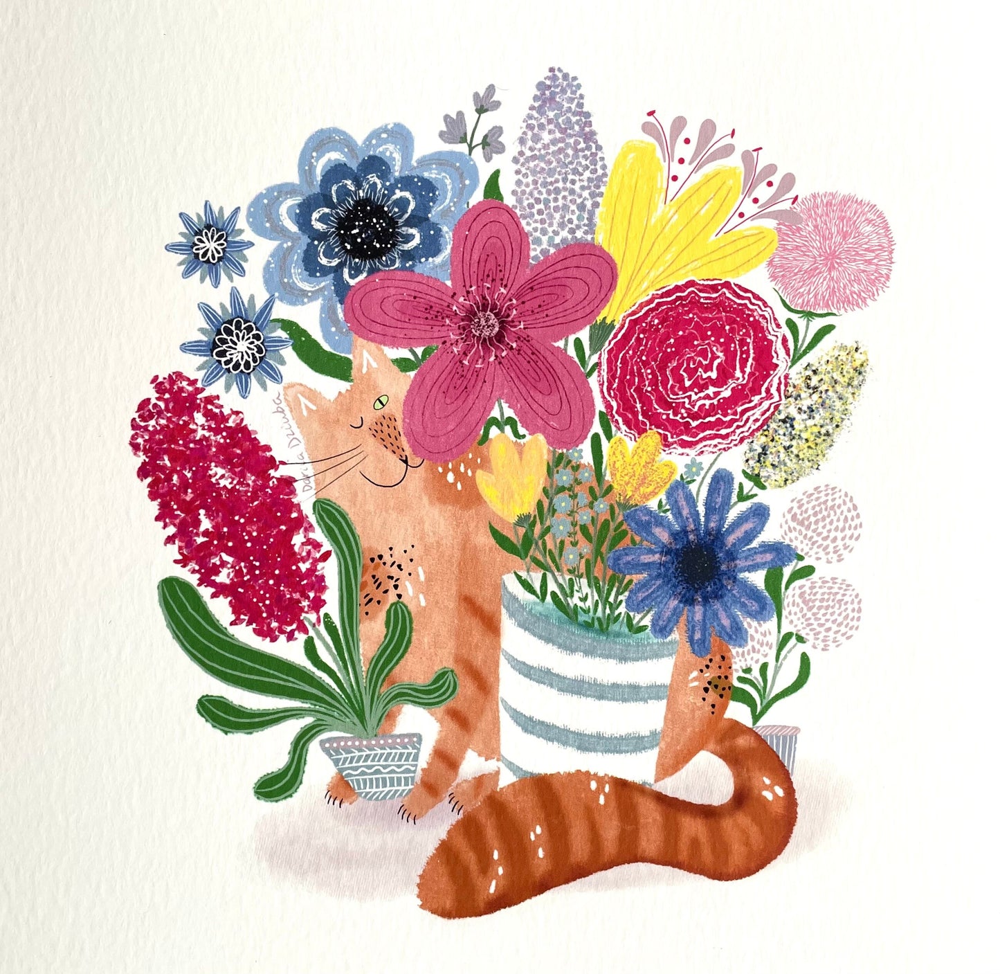Impression d'art de chat : Oeuvre d'illustration de chat et de bouquet de fleurs