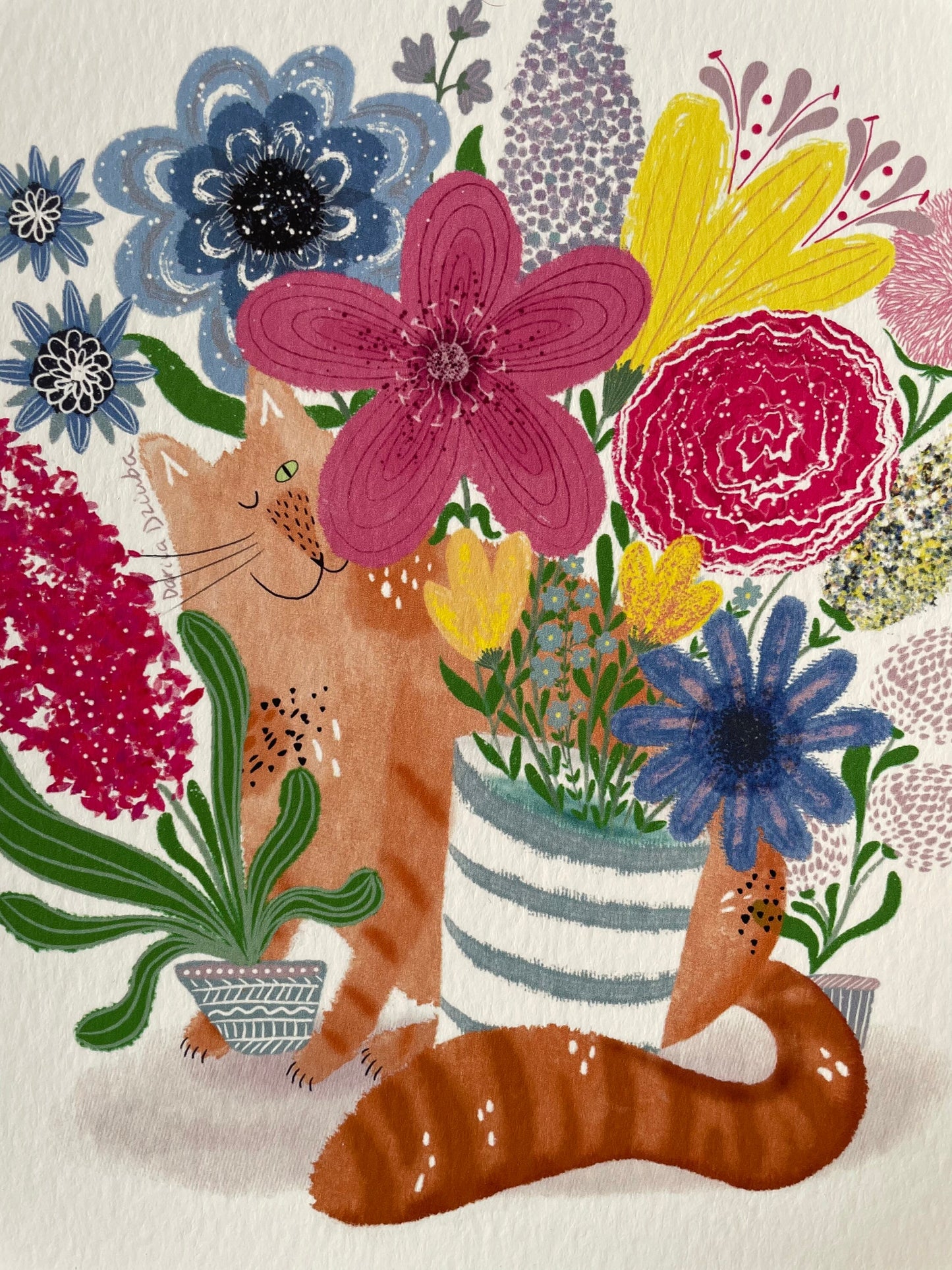 Impression d'art de chat : Oeuvre d'illustration de chat et de bouquet de fleurs