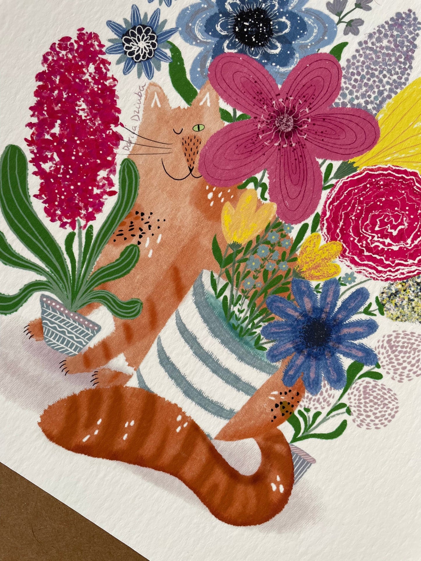 Impression d'art de chat : Oeuvre d'illustration de chat et de bouquet de fleurs