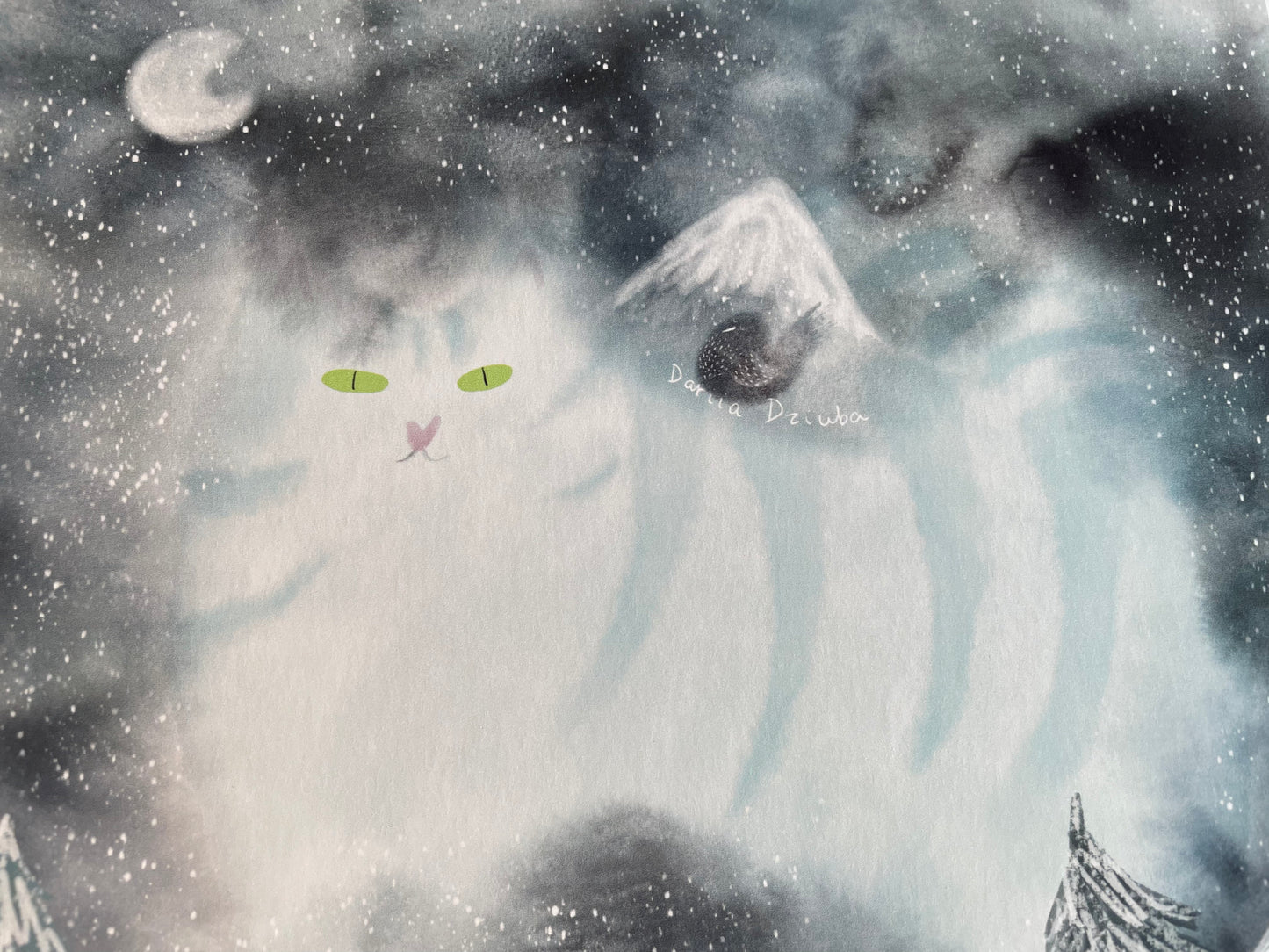 Impression d’art de chat : Illustration d’un chat d’hiver dans les montagnes