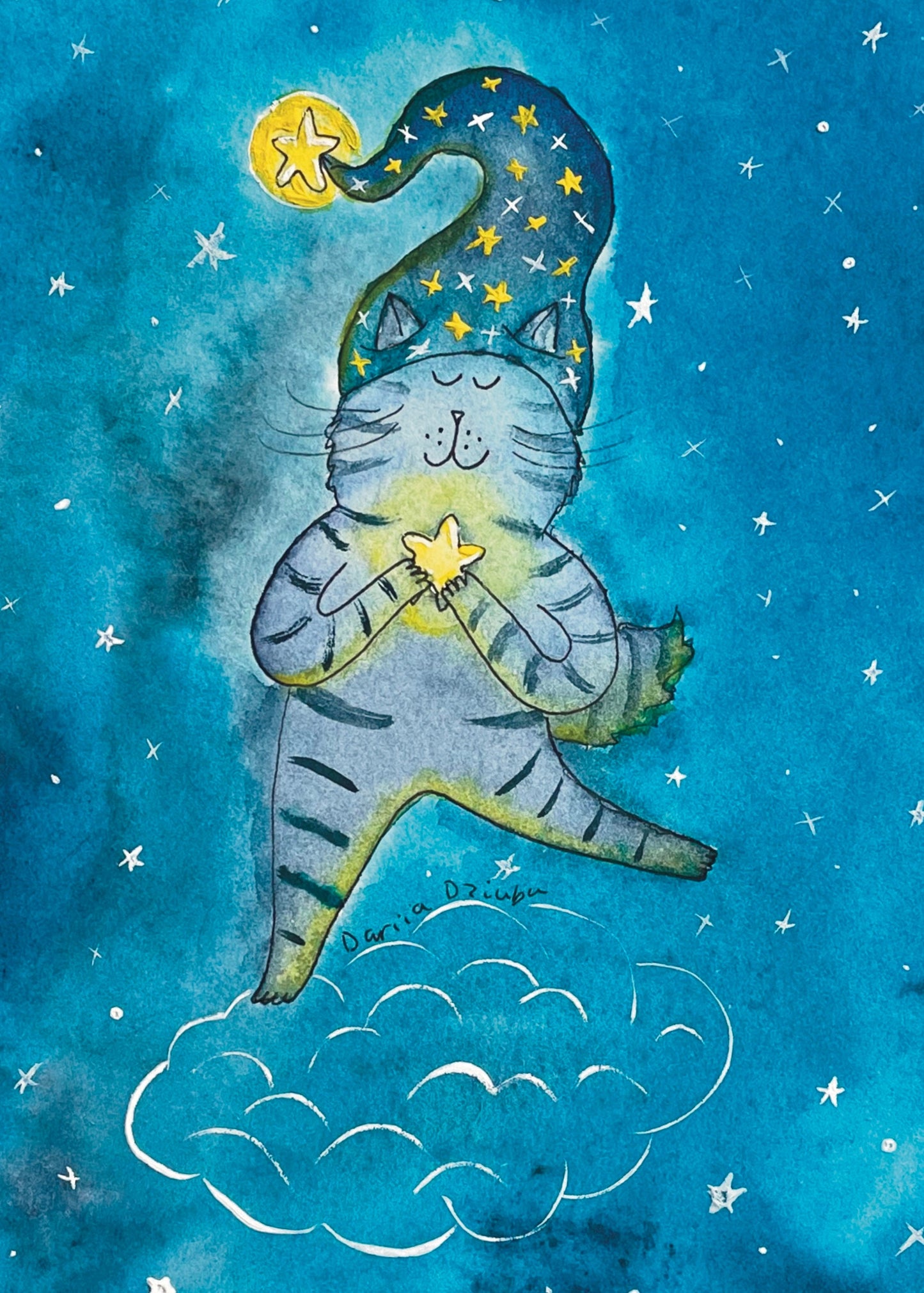 Impression d'art chat : Chat debout sur un nuage tenant une étoile portant un chapeau de pyjama