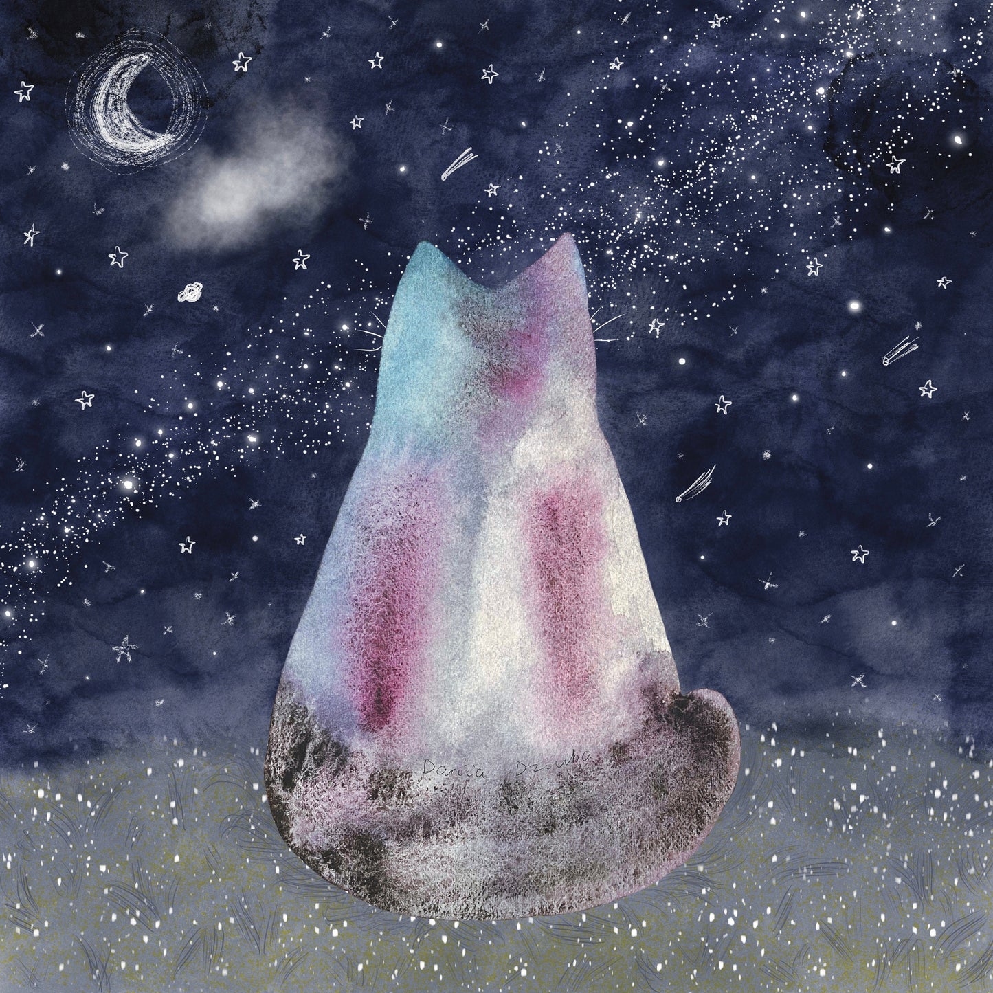 Impression d’art de chat : Chat observant la Voie lactée, les galaxies et les étoiles filantes