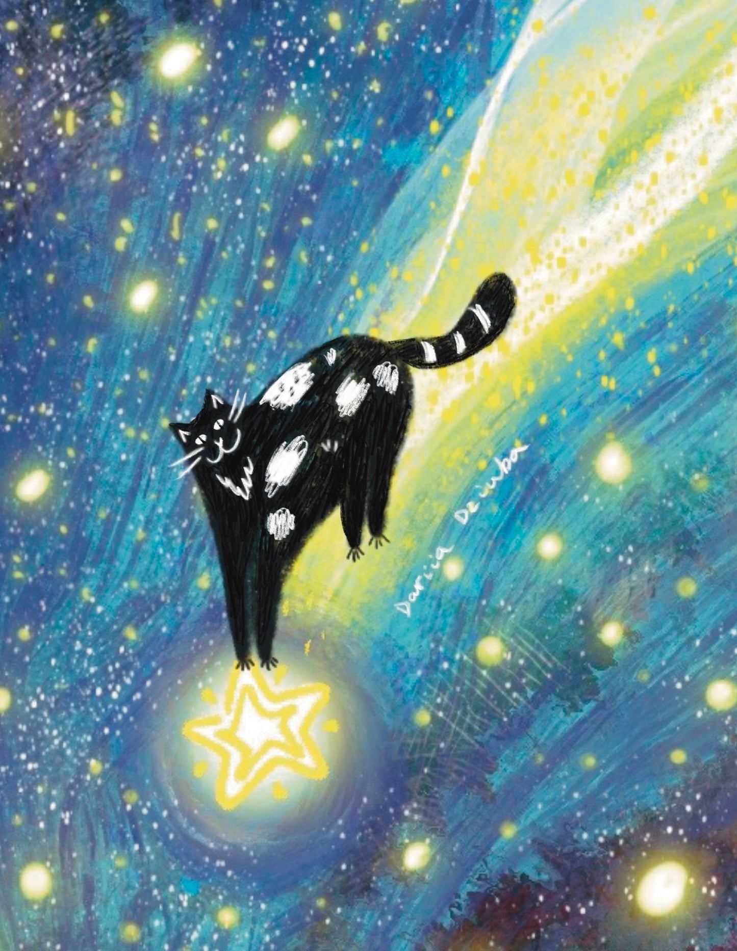 Impression d'art chat : Chat chevauchant une étoile filante dans un ciel étoilé