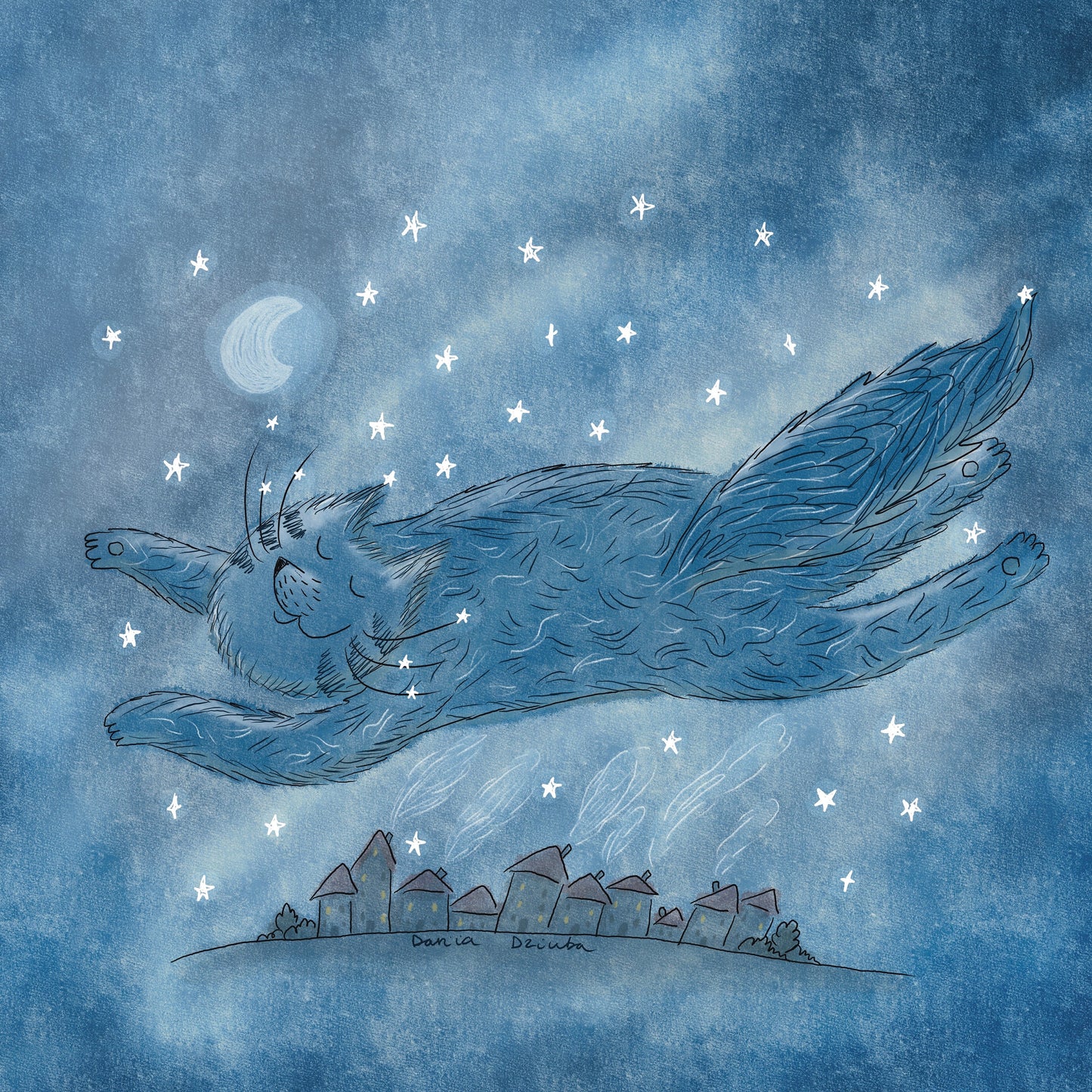 Impression d'art de chat : Chat bleu survolant la ville et les maisons dans un ciel sombre