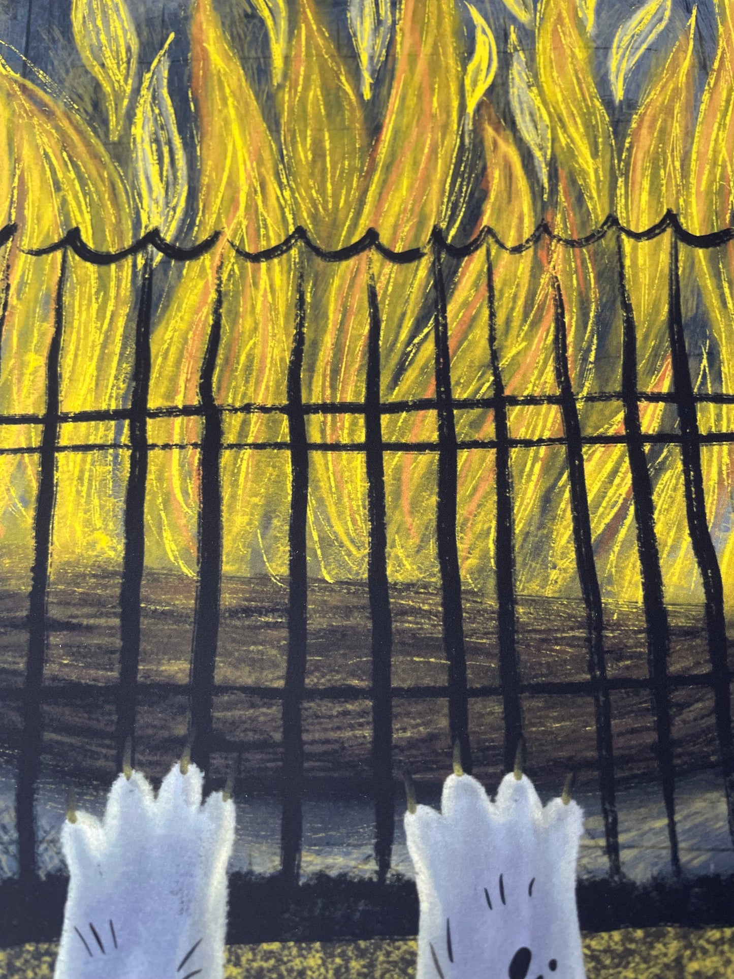 Impression d'art sans cadre d'un chaton au coin du feu avec du chocolat chaud