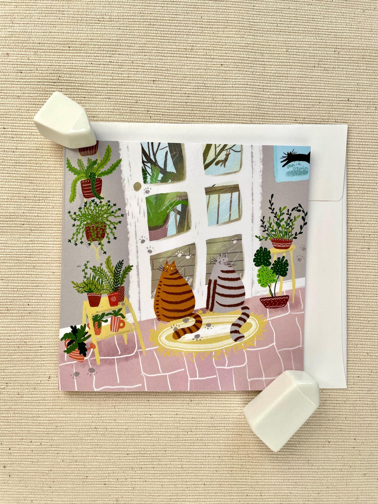 Carte de vœux carrée : Patios et pattes : chats et plantes - Chat et plante fantaisistes