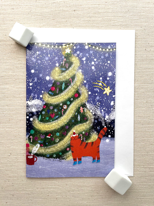 Vertical Greeting card: Festive Cat and Christmas Tree