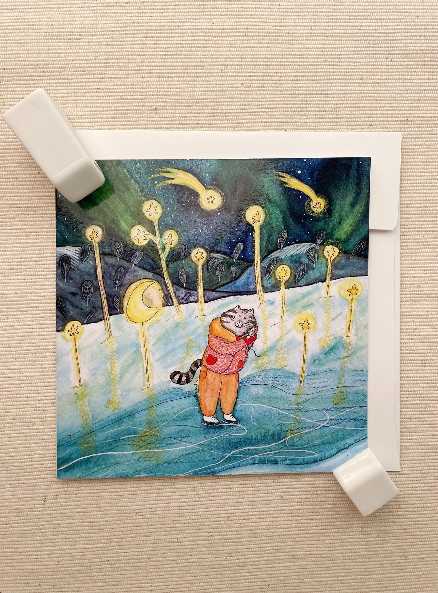Carte de vœux Cozy Cat Under Shooting Stars (4"x6") avec enveloppe - Scène d'hiver fantaisiste, intérieur vierge pour messages personnalisés