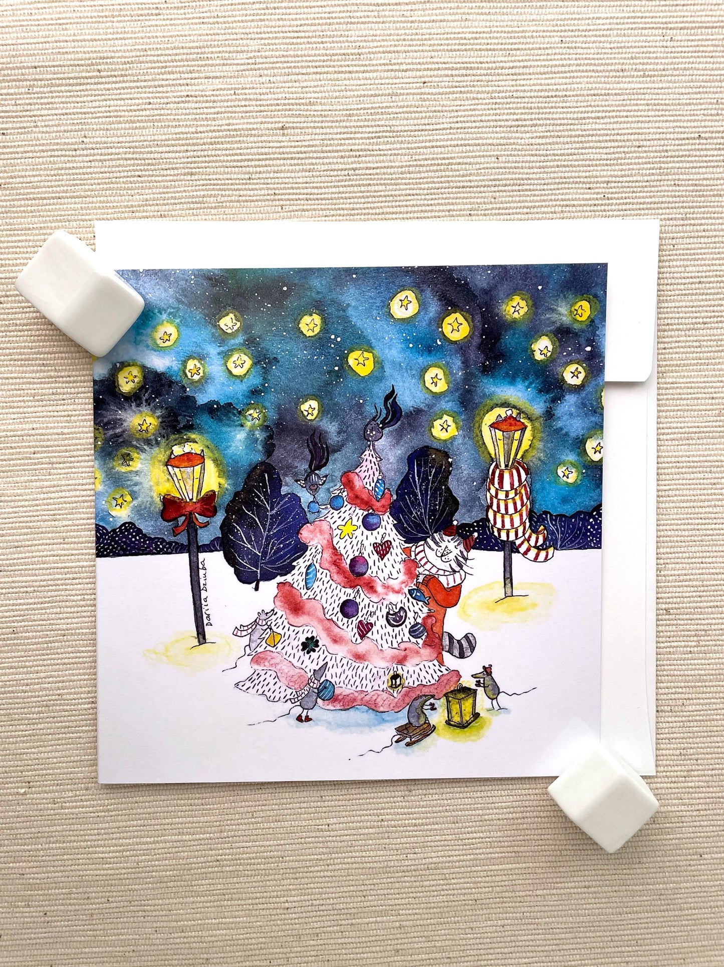 Vertical Greeting card: Whimsical Christmas Tree and Cat, Cozy Holiday Scene