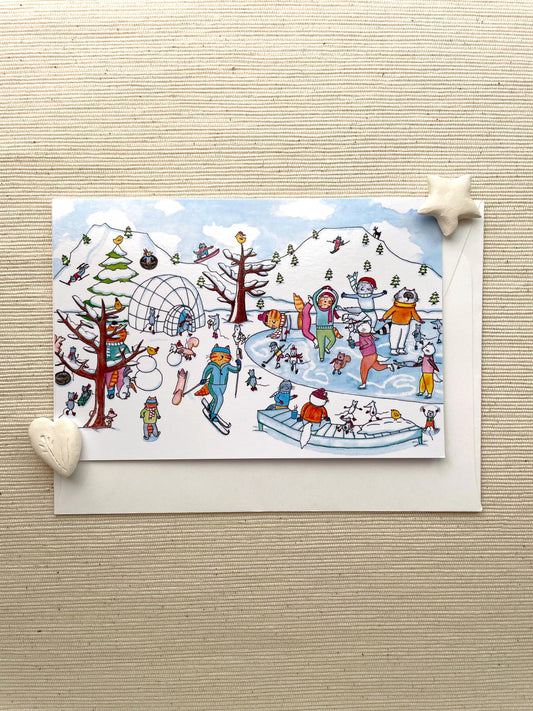 Horizontal Greeting card: Winter Wonderland Animal Fun Party
