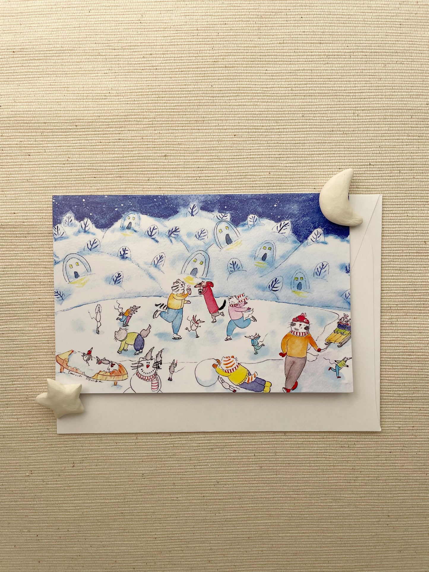Carte de vœux horizontale : Chats patineurs au pays des merveilles hivernales