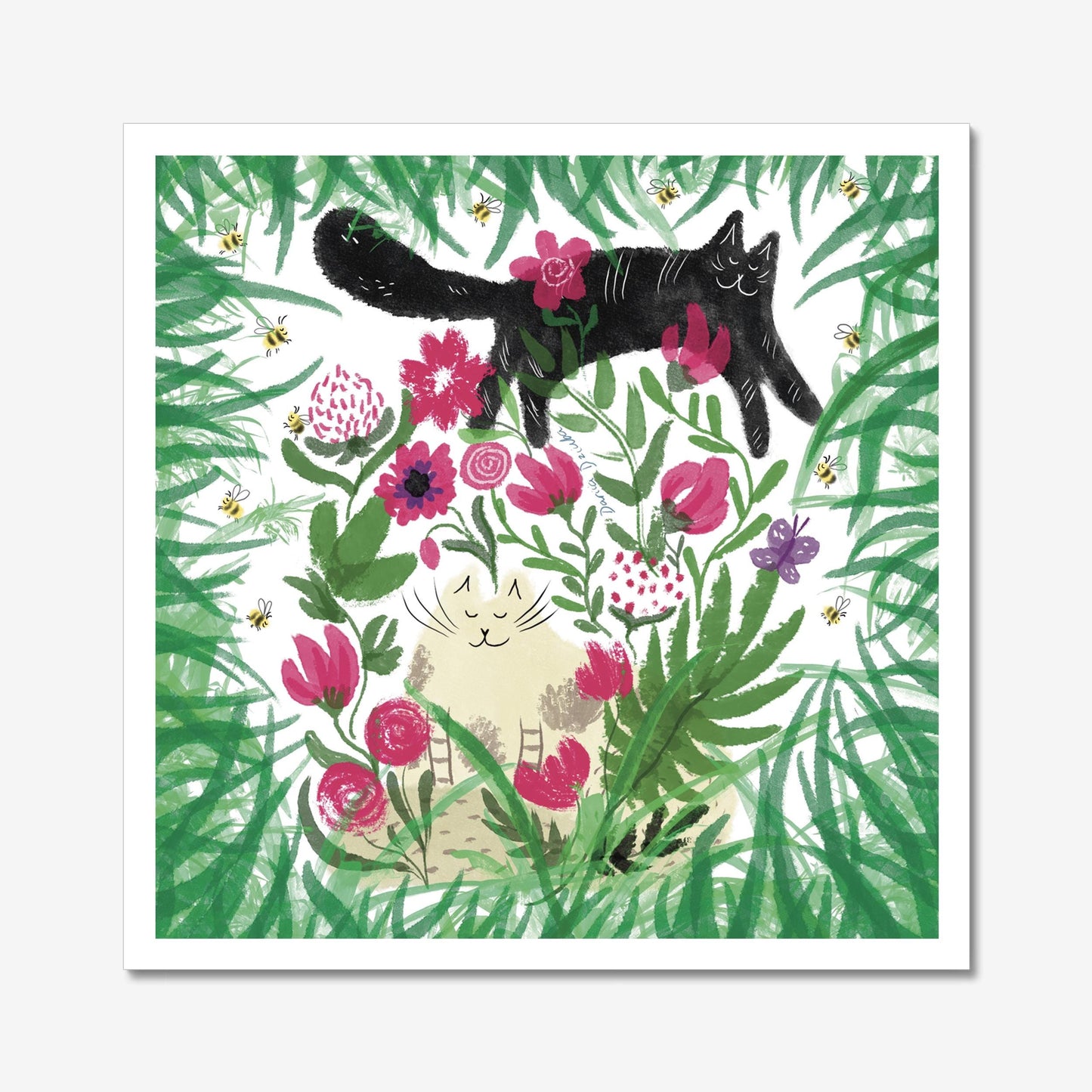 Impression d’art de chat : Chats dans le jardin avec des fleurs, des abeilles et des feuilles illustration