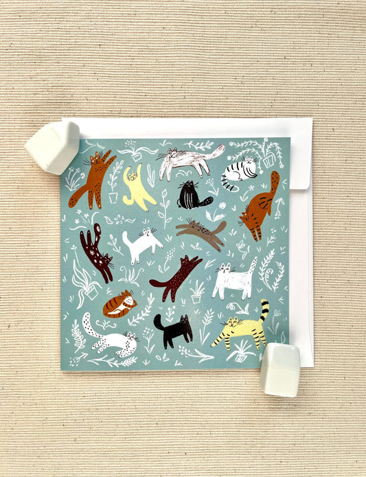 Square Greeting card: Cat-astrophically Cute! A Feline Fiesta
