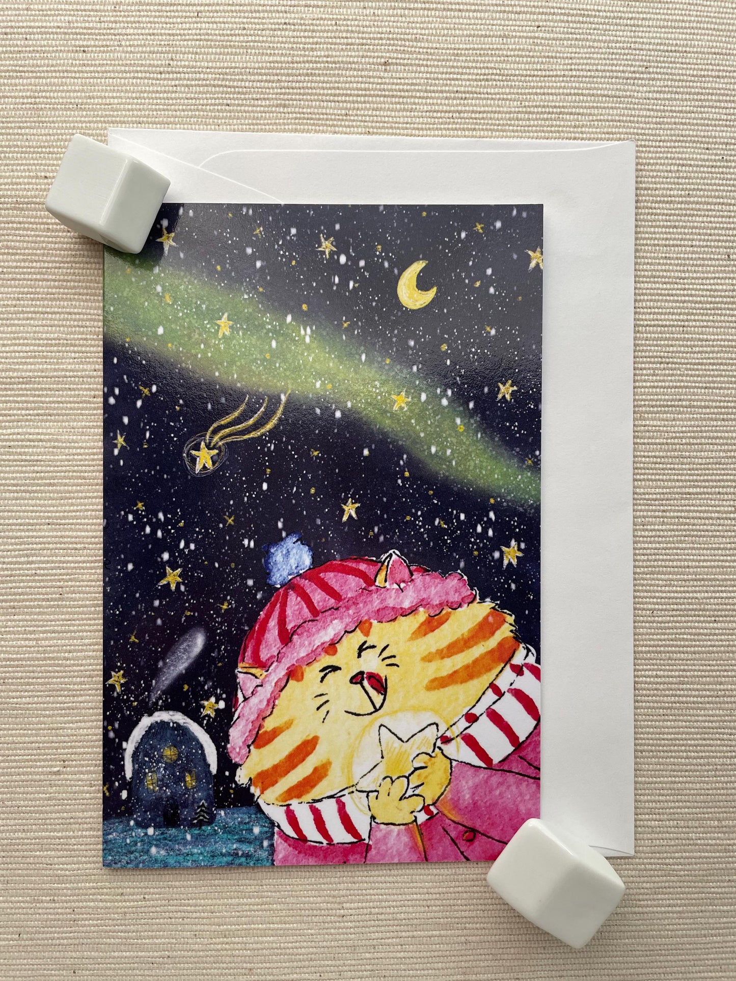 Vertical Greeting card: Cozy Starry Night Cat