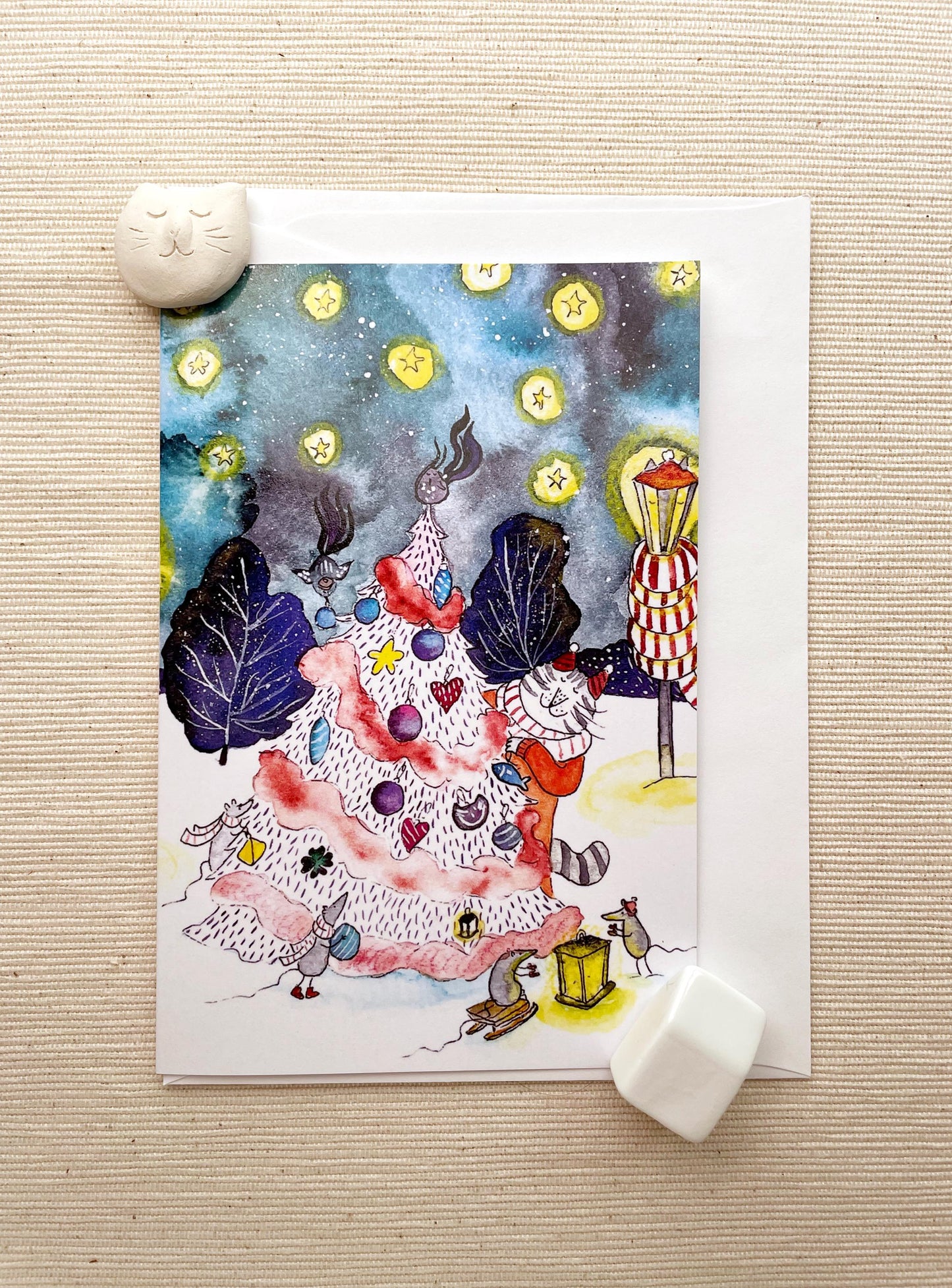 Vertical Greeting card: Whimsical Christmas Tree and Cat, Cozy Holiday Scene