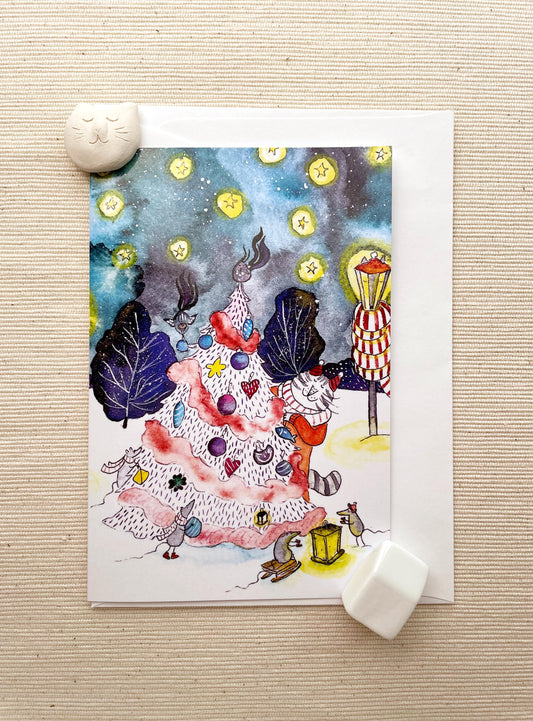 Vertical Greeting card: Whimsical Christmas Tree and Cat, Cozy Holiday Scene