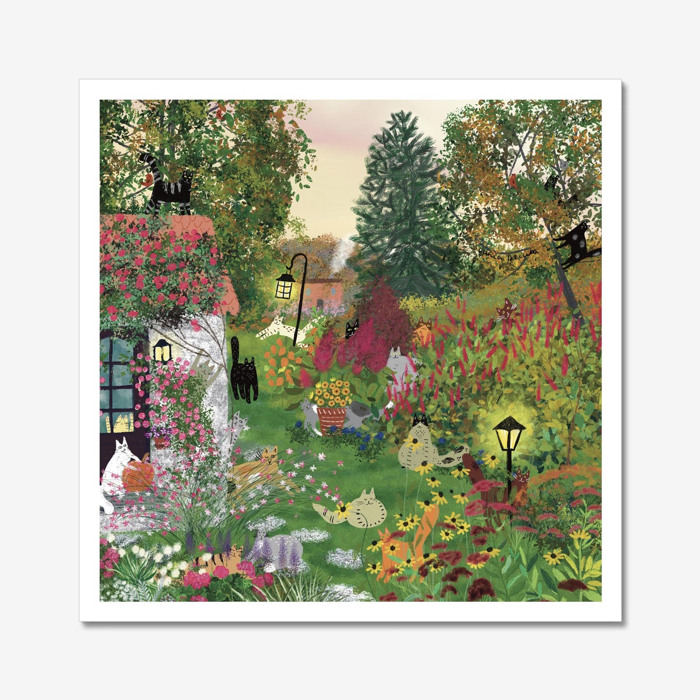 Impression d'art sans cadre de chats dans un jardin d'automne au coucher du soleil