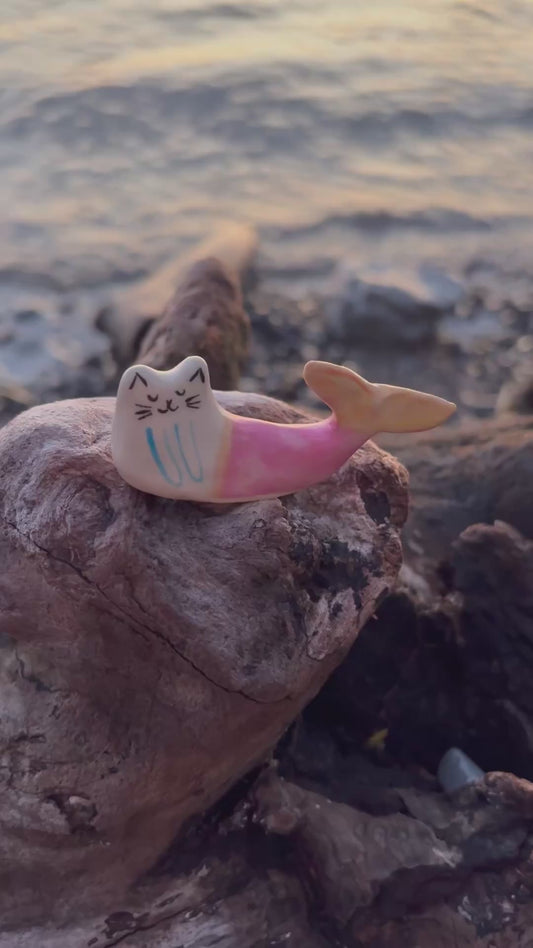 Handmade ceramic cat mermaid figurine