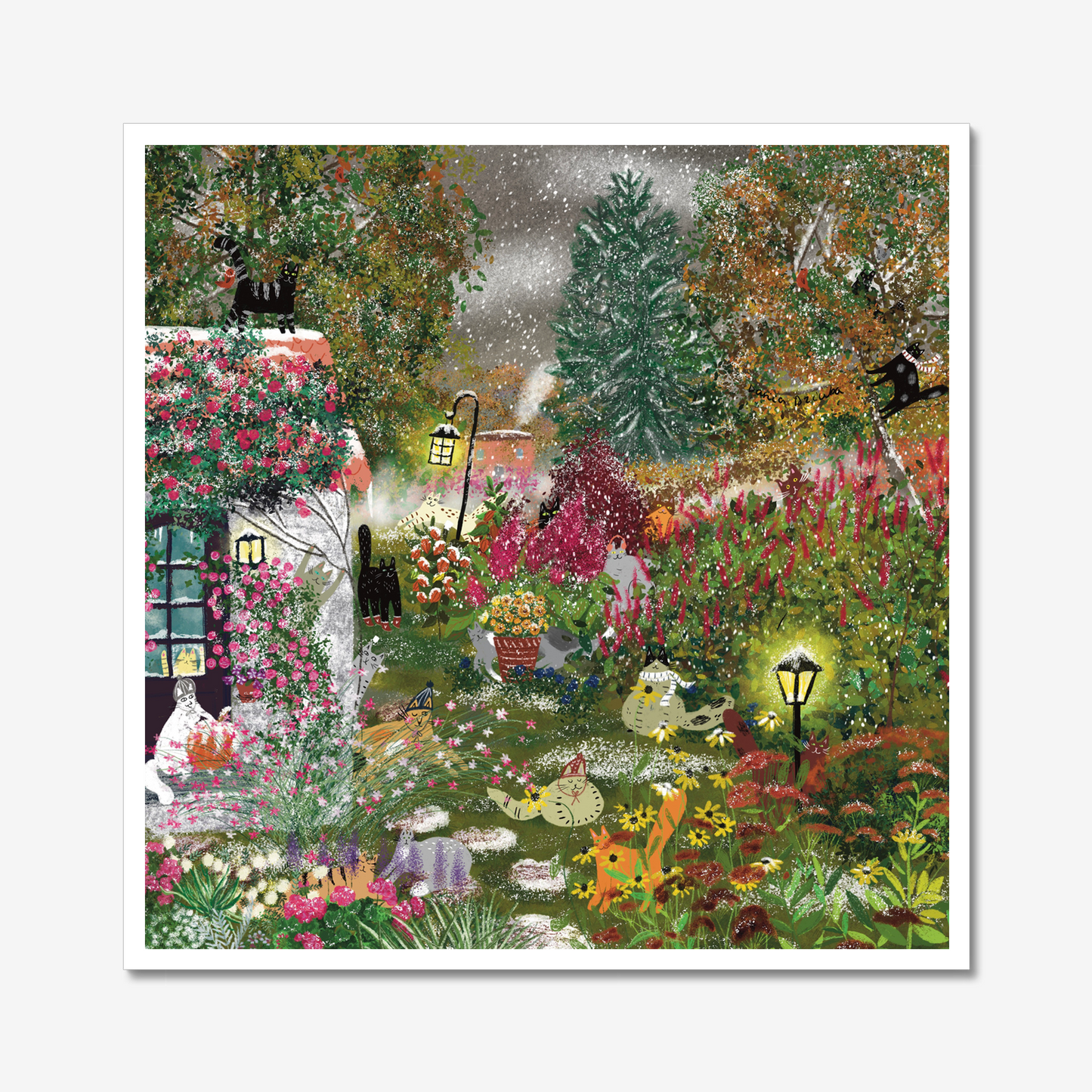 Unframed Art Print: Snowy Autumn Garden with Cats