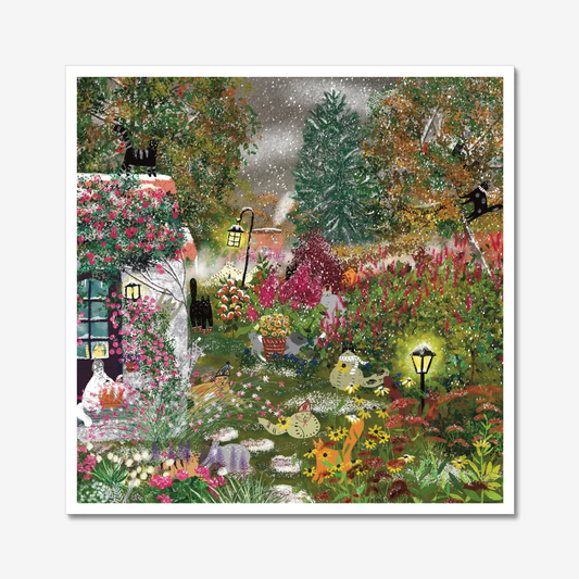 Impression d'art sans cadre : Jardin d'automne enneigé avec chats