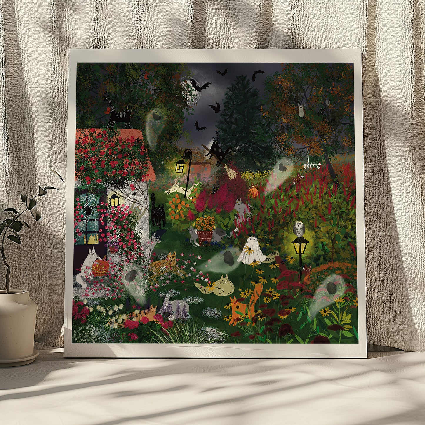 Unframed Art Print: Cats In Halloween Garden