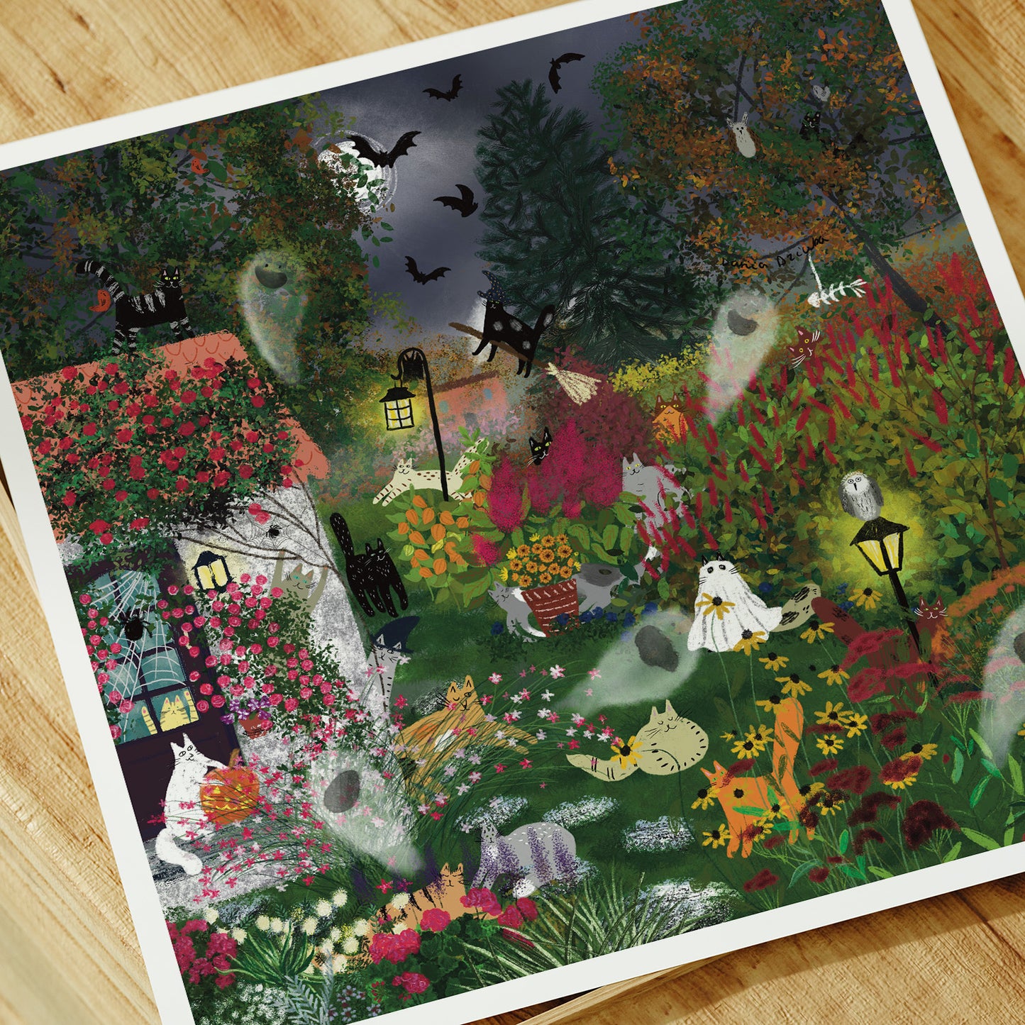 Unframed Art Print: Cats In Halloween Garden
