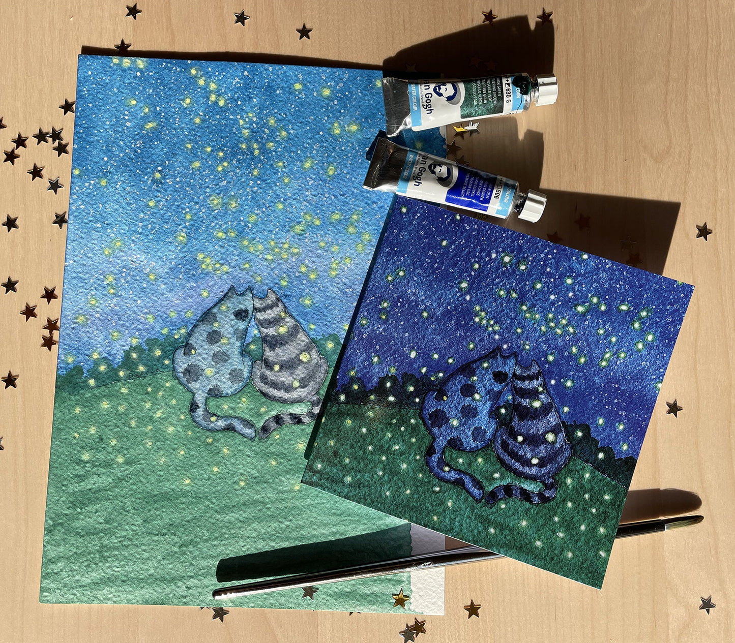 Cat couple and fireflies: Greeting card