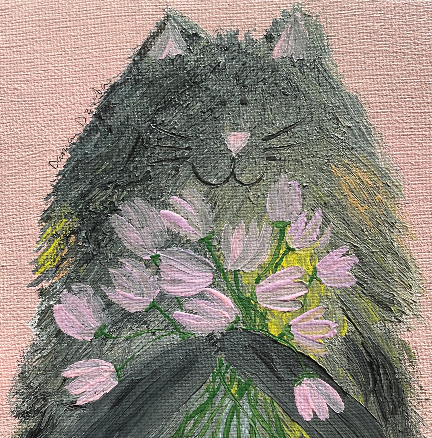 Square Greeting card: Square card kitty with tulips