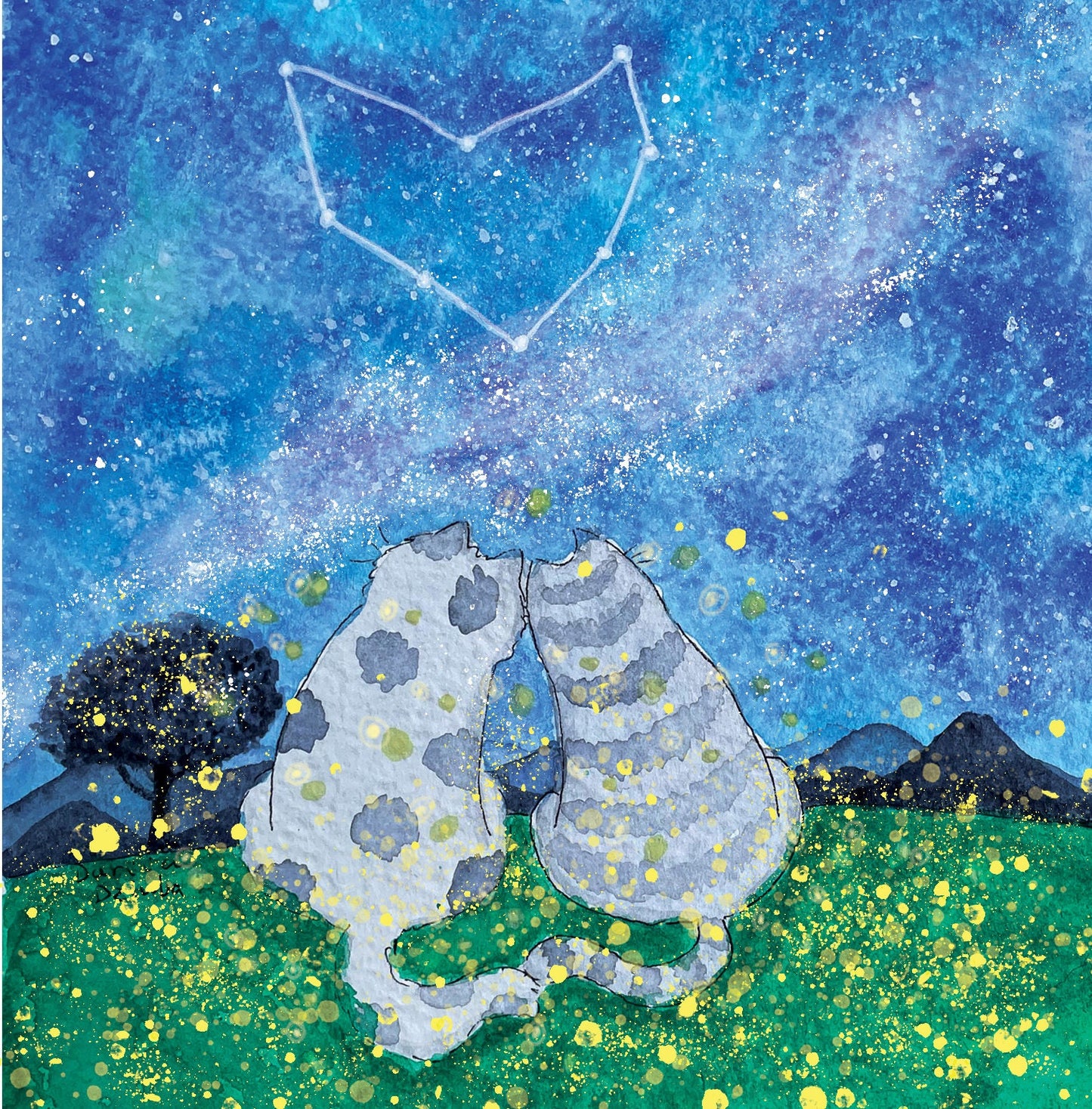 Carte de vœux carrée : Amour, cœur et lucioles