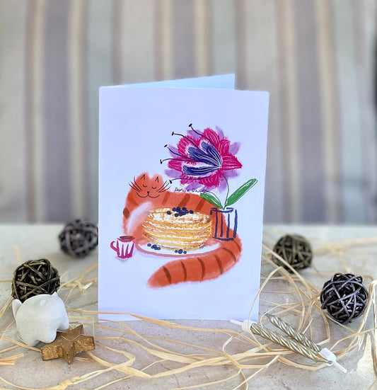 Vertical Greeting card: Whimsical Cat with Pancakes