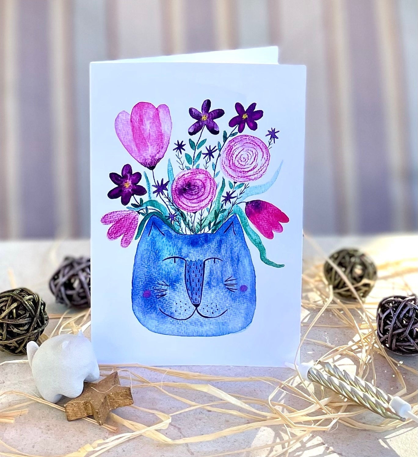 Carte de vœux verticale : Vase chat avec fleurs