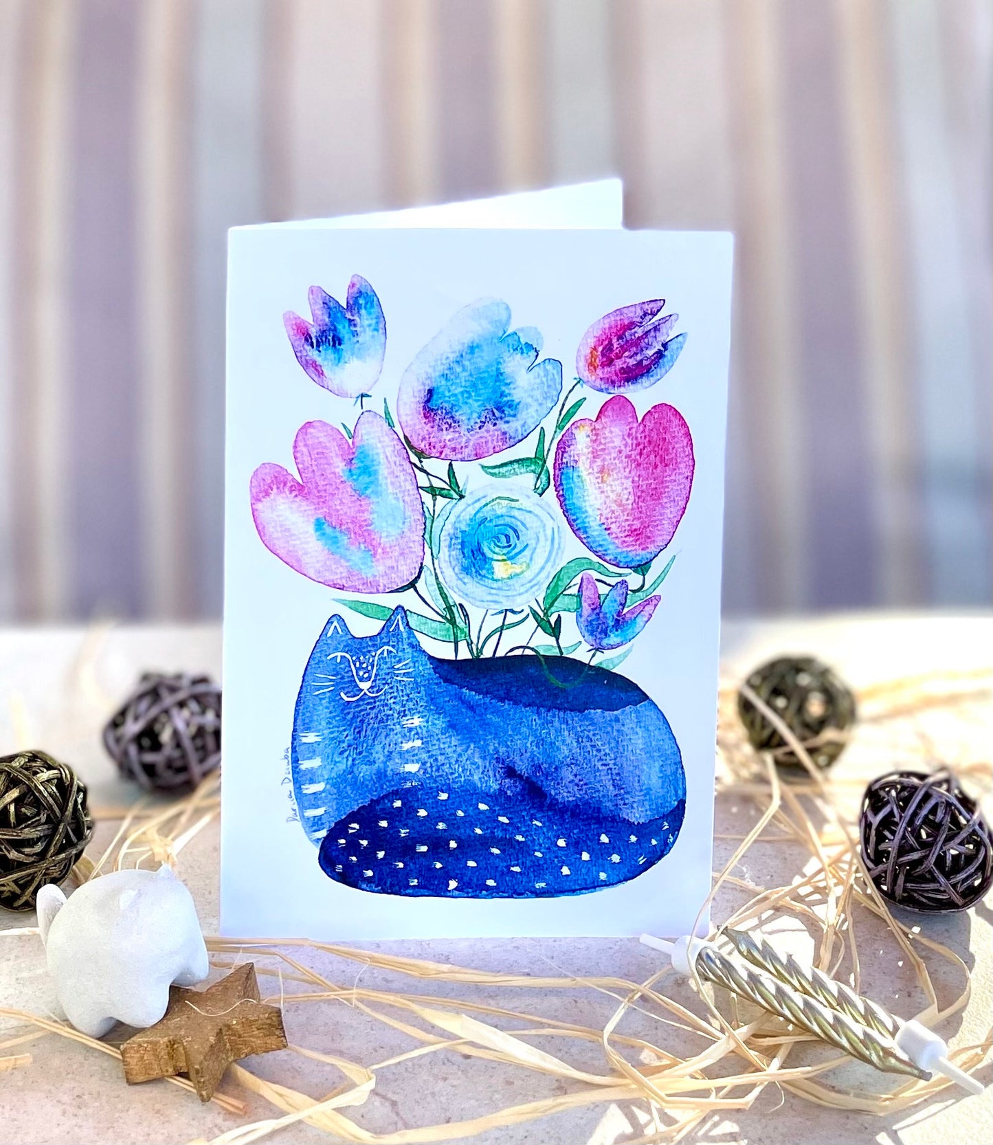Carte de vœux verticale : Pot de fleurs pour chat
