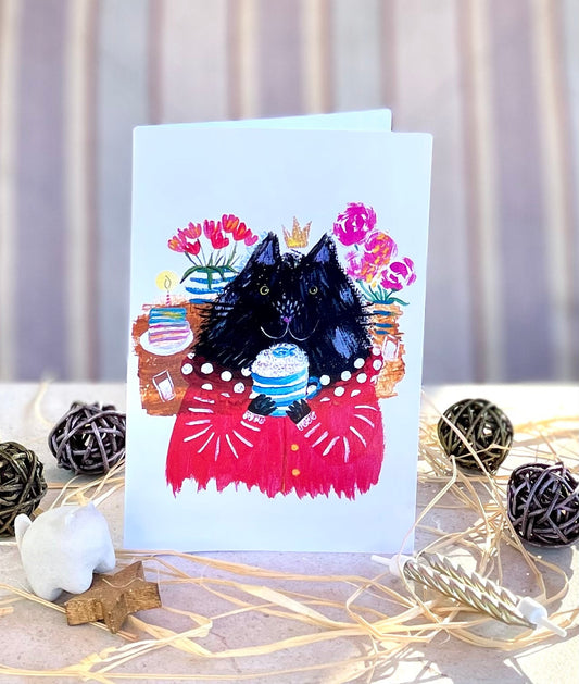 Chat avec gâteau et cappuccino : Carte de vœux