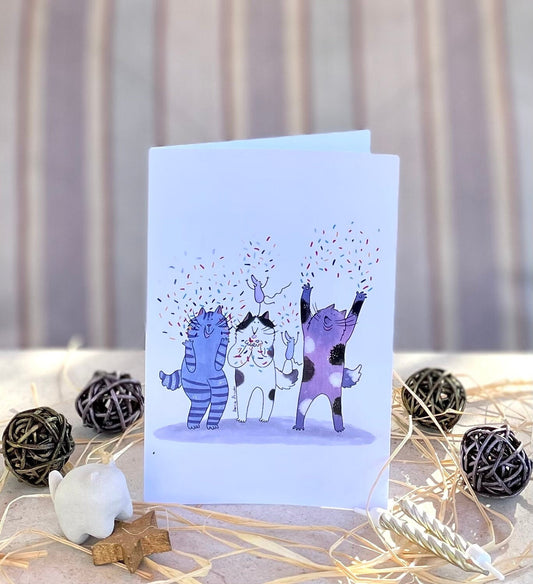 Vertical Greeting card: Cat Celebration/ Cats throwing confetti