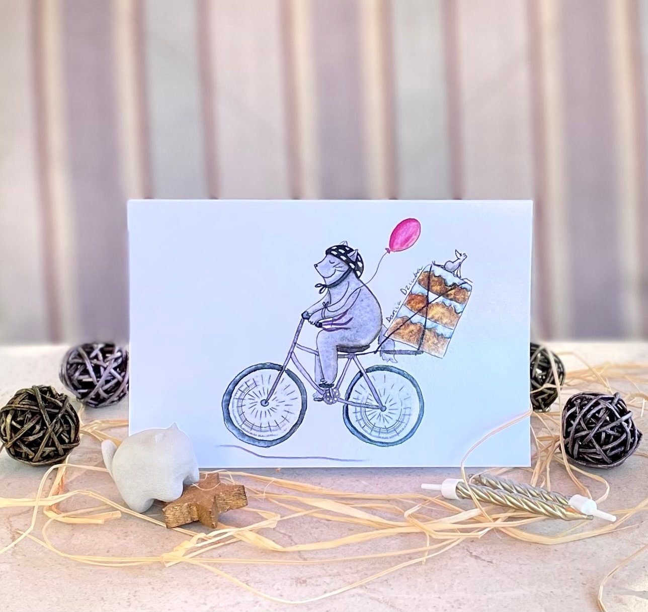 Chat sur vélo : carte de vœux