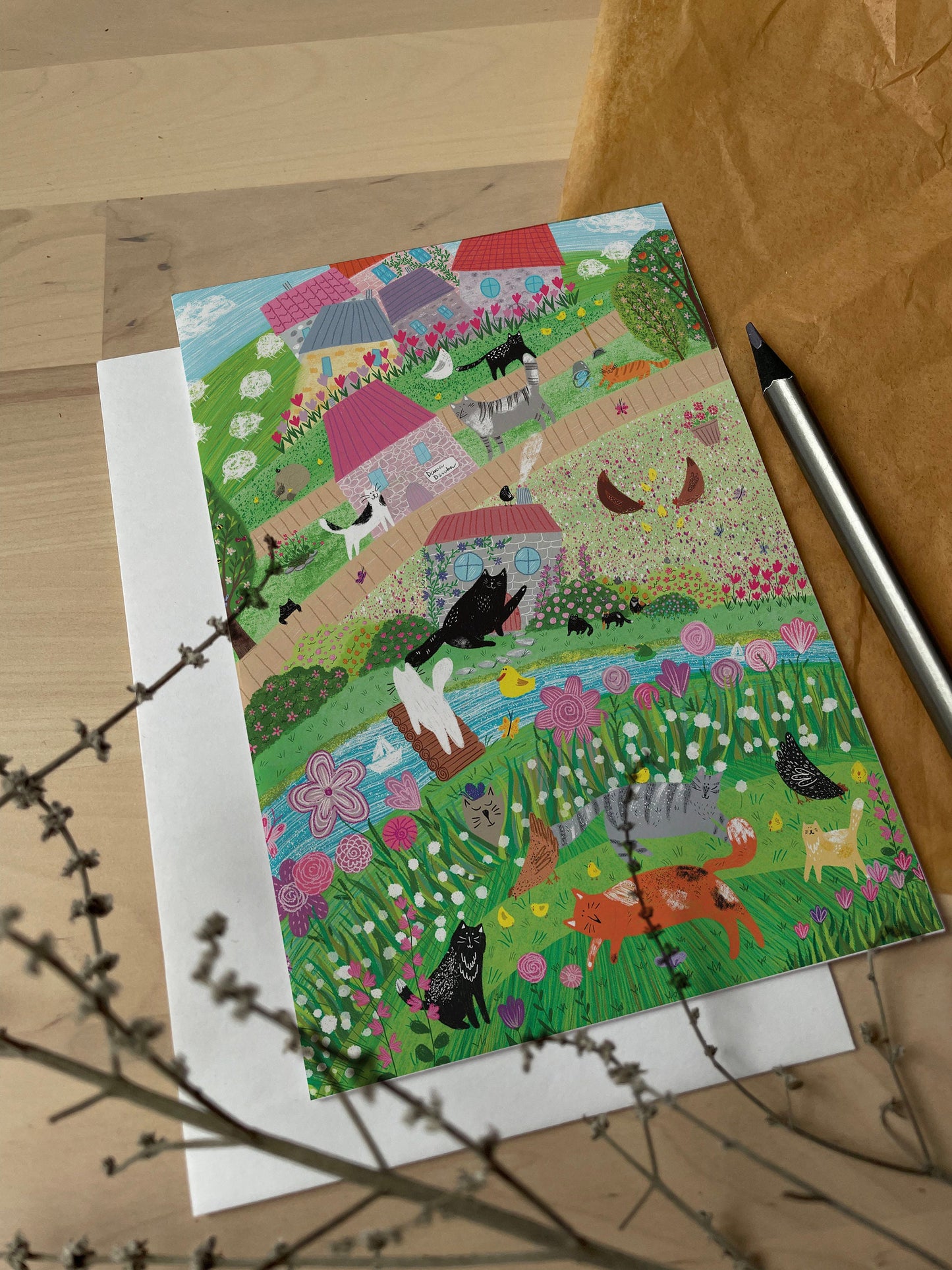 Carte de vœux verticale : Carte de vœux Crazy Cat Village