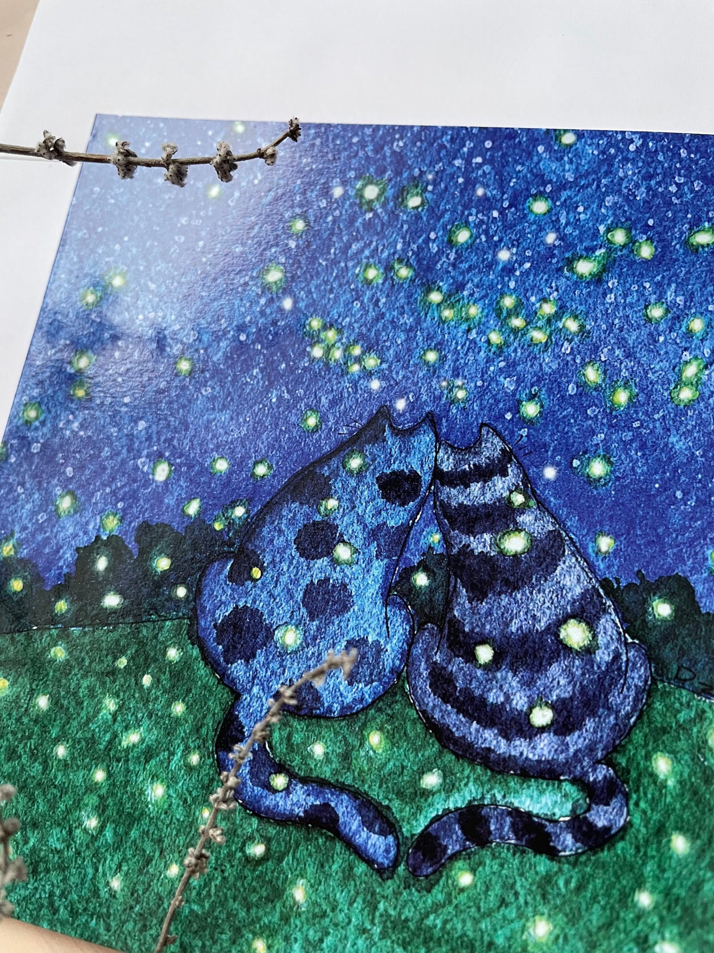 Cat couple and fireflies: Greeting card