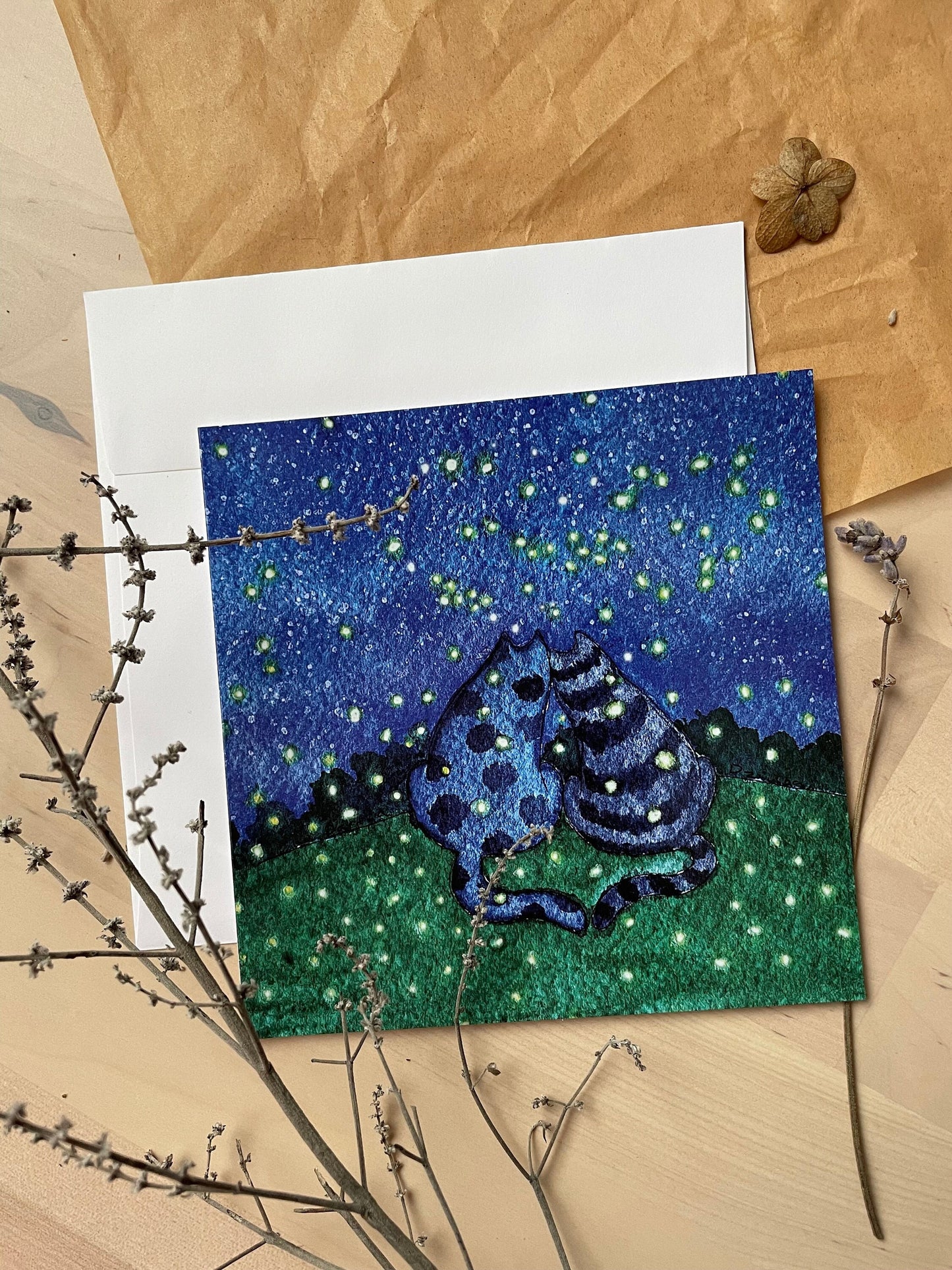 Cat couple and fireflies: Greeting card
