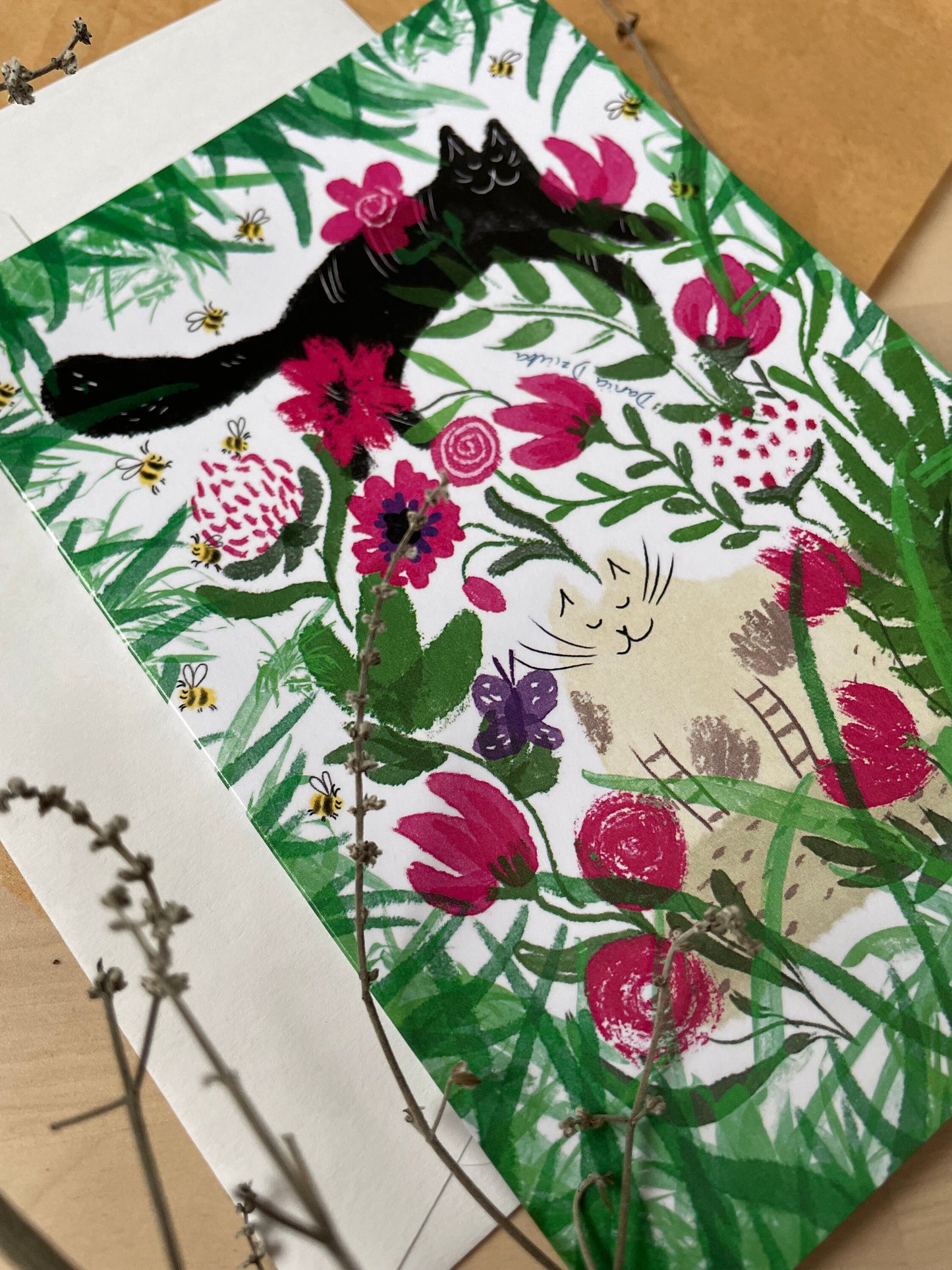 Carte de vœux verticale : Jardin de chats fantaisistes