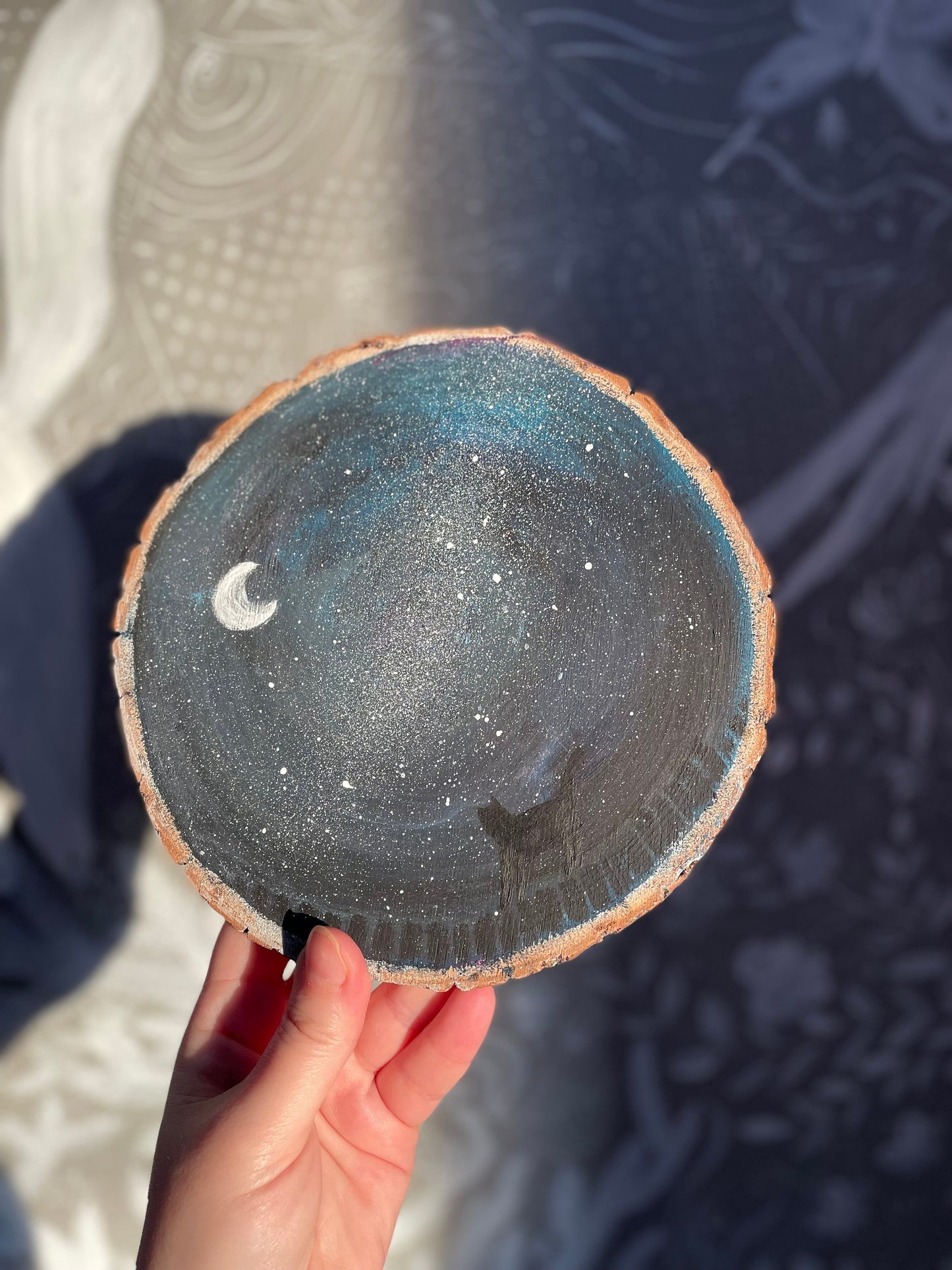 Chat et galaxie : Peinture sur bois