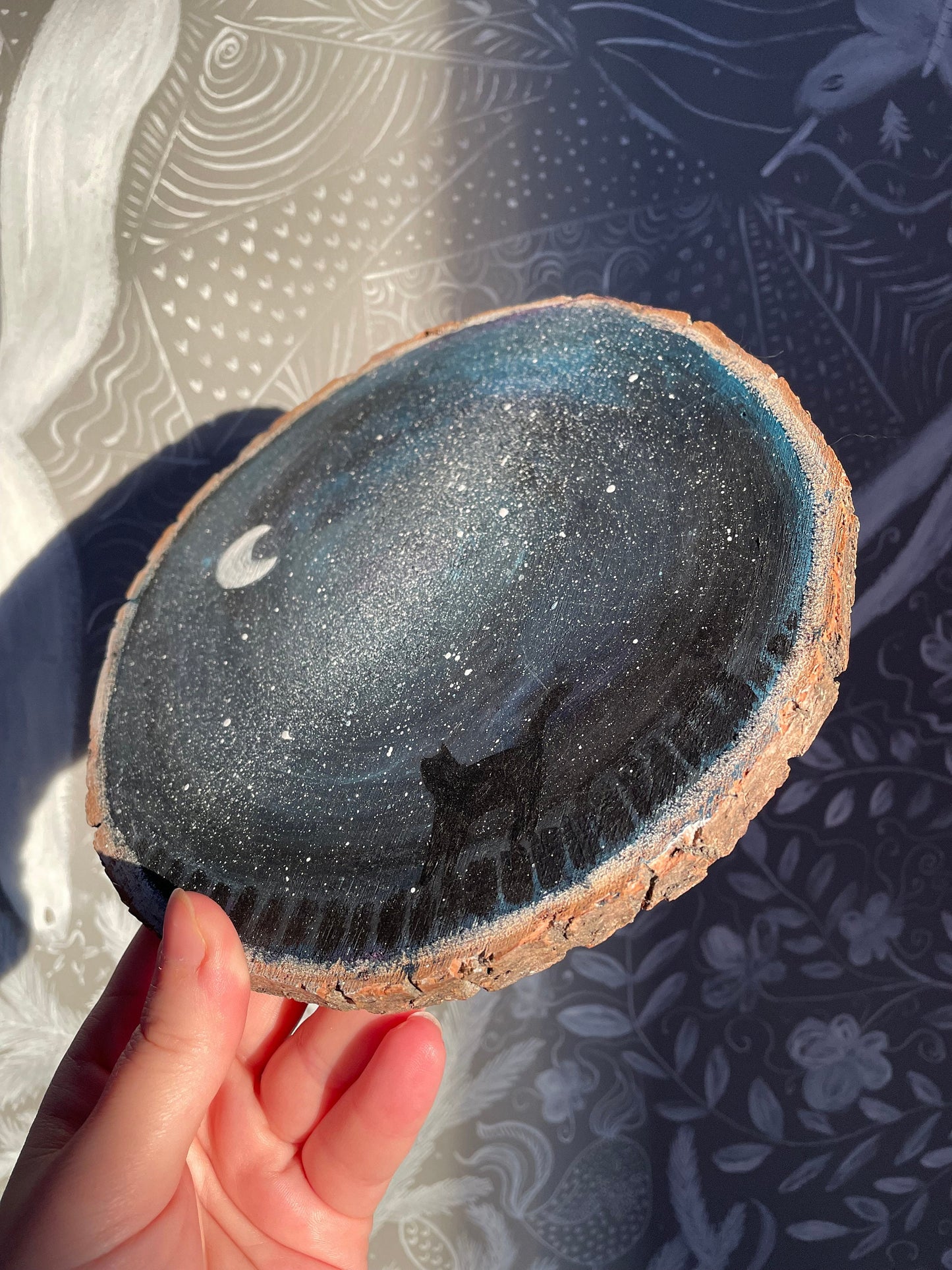 Chat et galaxie : Peinture sur bois