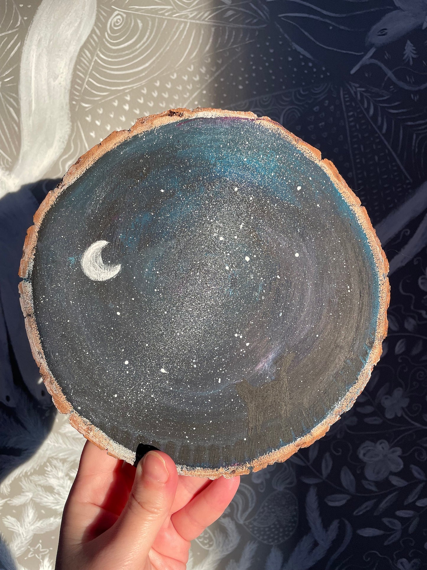 Chat et galaxie : Peinture sur bois