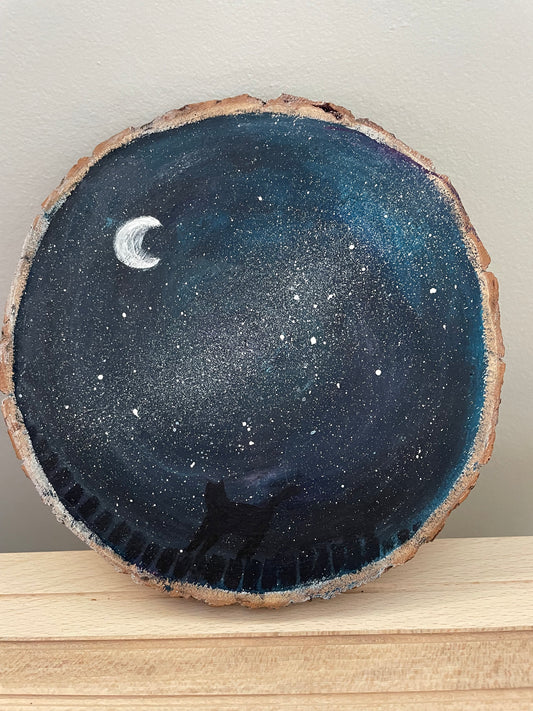 Cat and galaxy:  Painting on wood