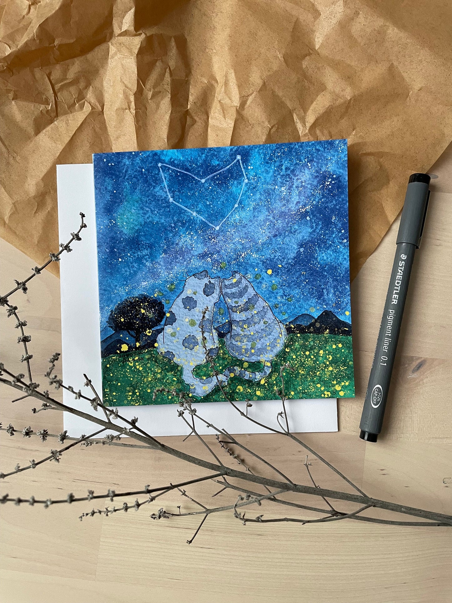 Carte de vœux carrée : Amour, cœur et lucioles