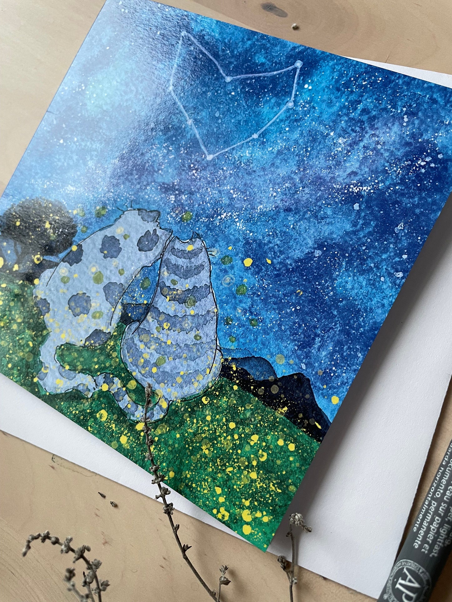 Carte de vœux carrée : Amour, cœur et lucioles