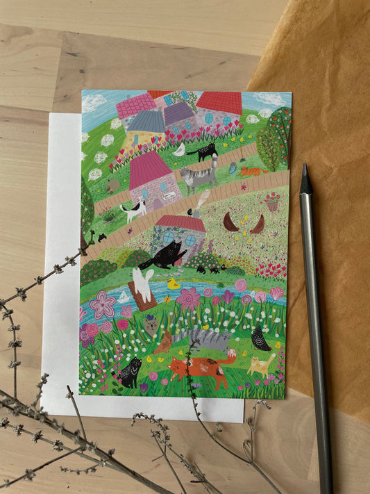 Vertical Greeting card: Greeting card crazy cat village