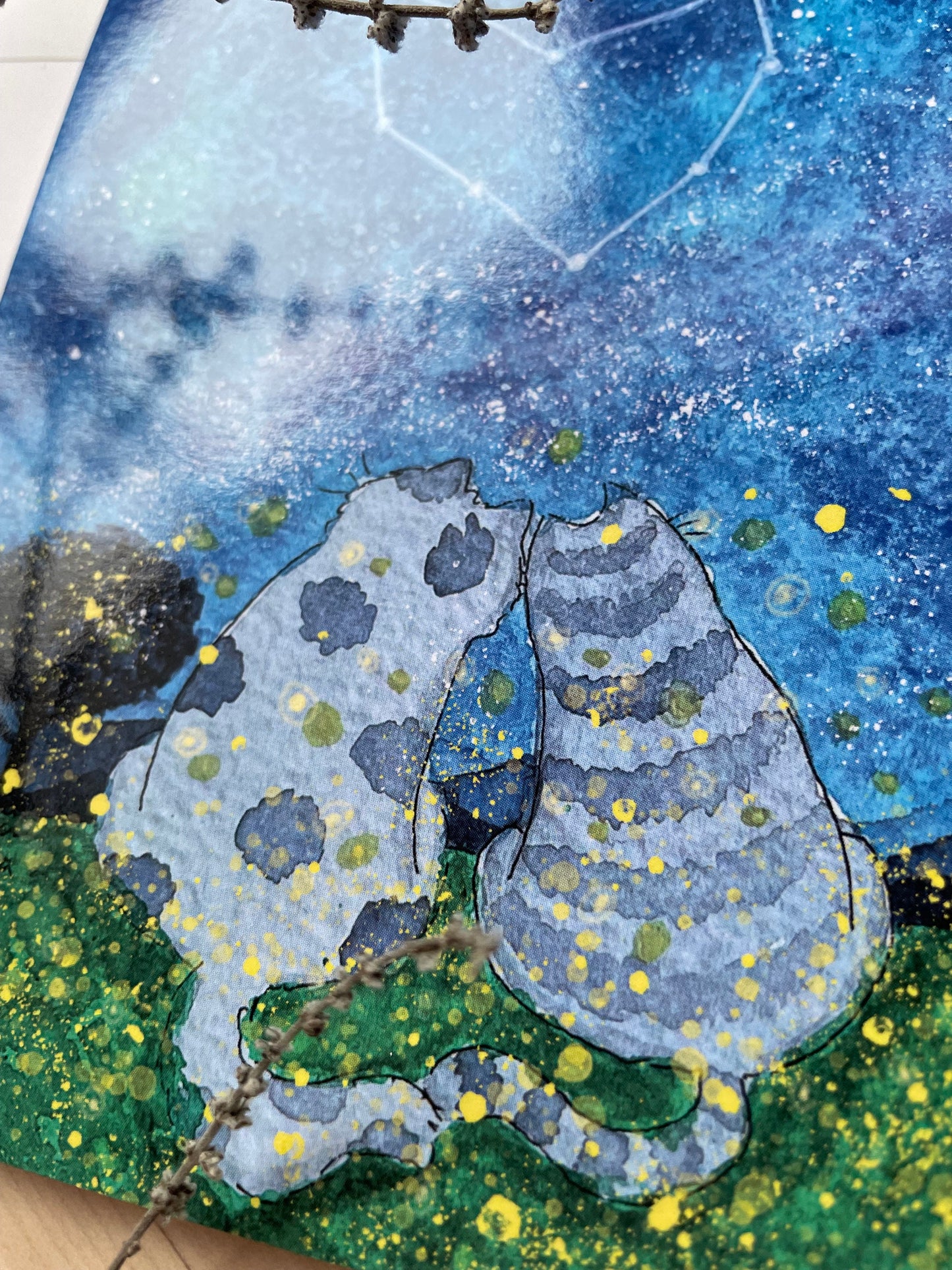 Carte de vœux carrée : Amour, cœur et lucioles