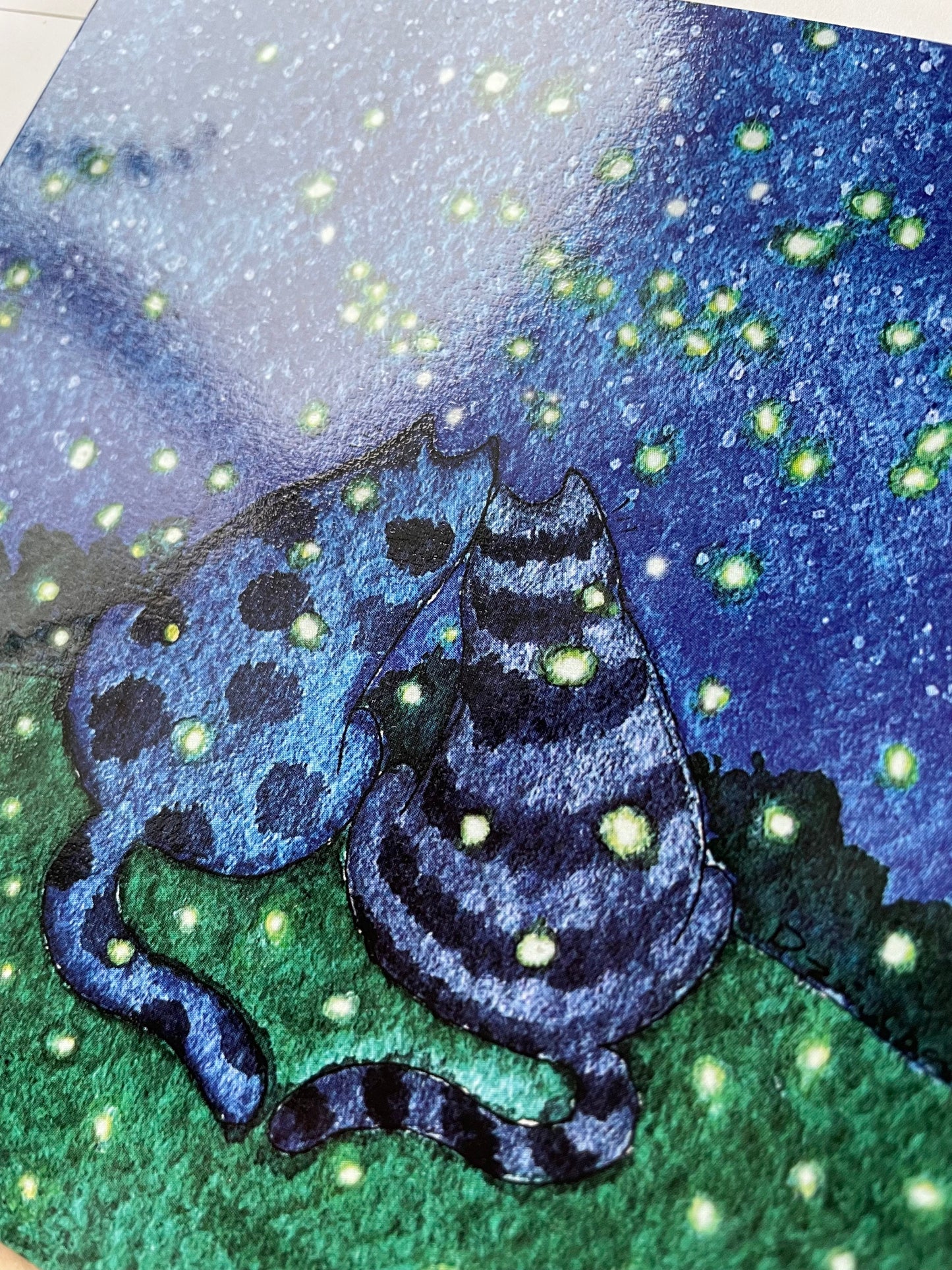 Cat couple and fireflies: Greeting card