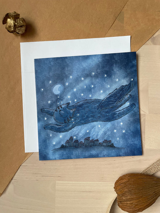 Chat survolant une ville: Carte de vœux pliante