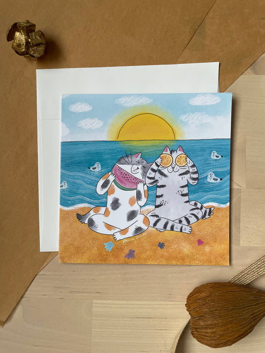 Cat friends at a beach: Greeting card